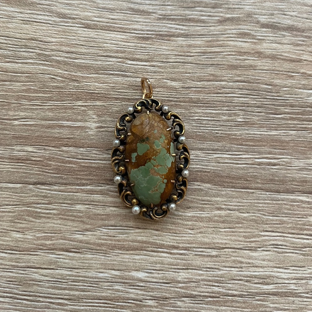 Vintage Solid 18K Yellow Gold Turquoise & Seed Pearl Charm Pendant